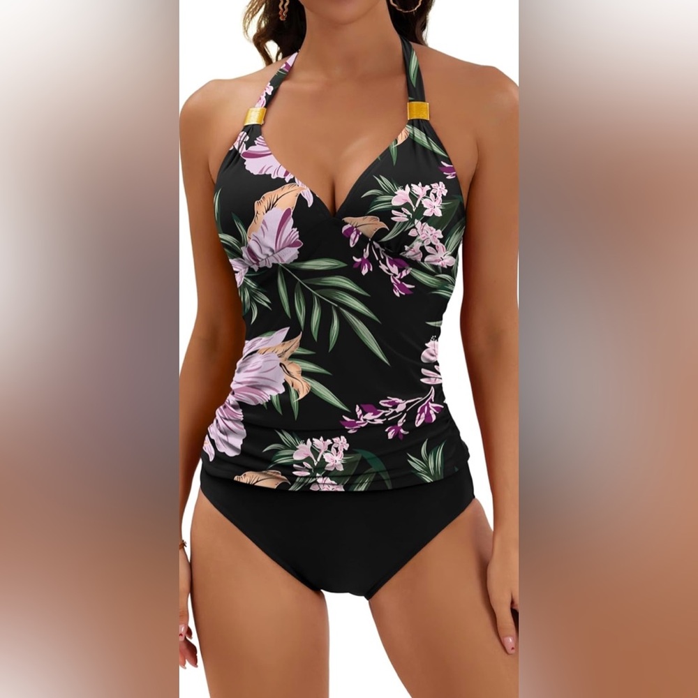 Floral Halter Bikini Set - Black and Pink